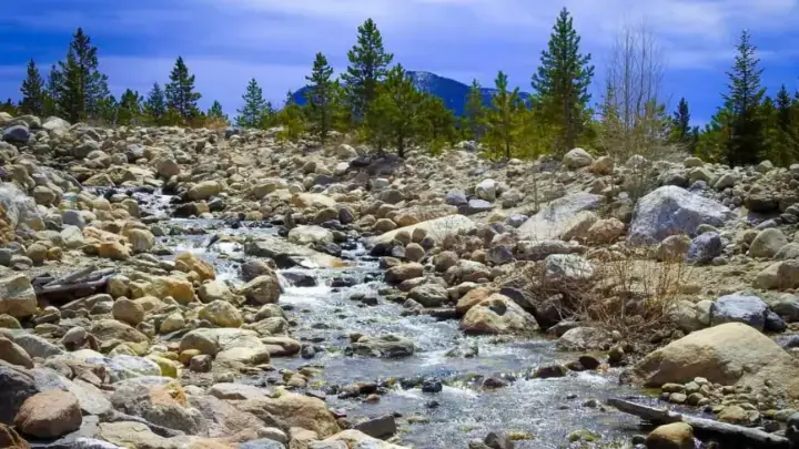 Rocky creek flowing through a valley of large boulders and pine trees beneath distant mountains in Rocky Mountain National Park.