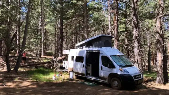 White Winnebago Solis 59PX campervan parked in a forest campsite near Grand Canyon National Park, pop-top roof open under tall pines.
