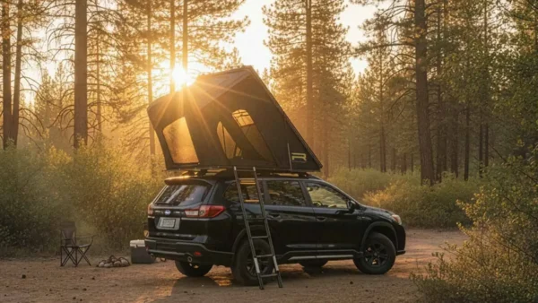 Black SUV parked at a forest campsite at sunrise with the Roofnest Falcon 3 EVO XL Air clamshell rooftop tent open and a ladder set up beside the vehicle.