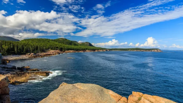Rocky coastline, blue ocean, and forested mountains in Acadia National Park under a bright summer sky.