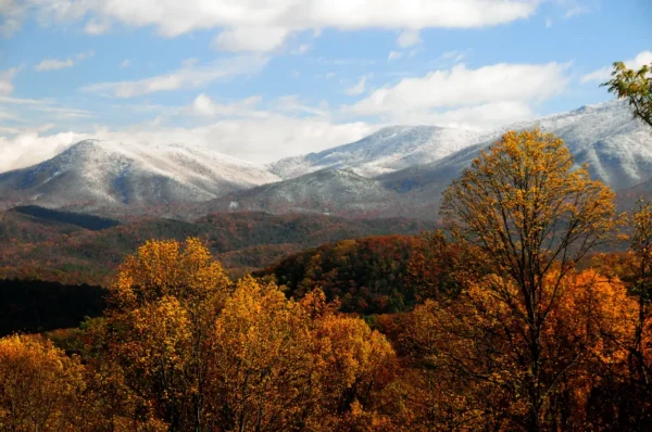 Snow-covered mountains rising above colorful autumn forest in Great Smoky Mountains National Park.