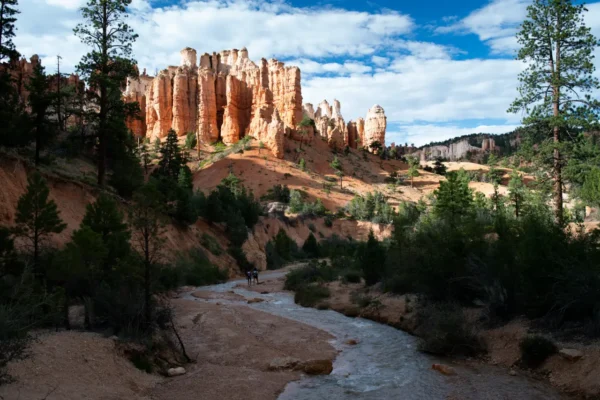 Bryce Canyon National Park hoodoos and pine trees above a hiking trail in southern Utah.